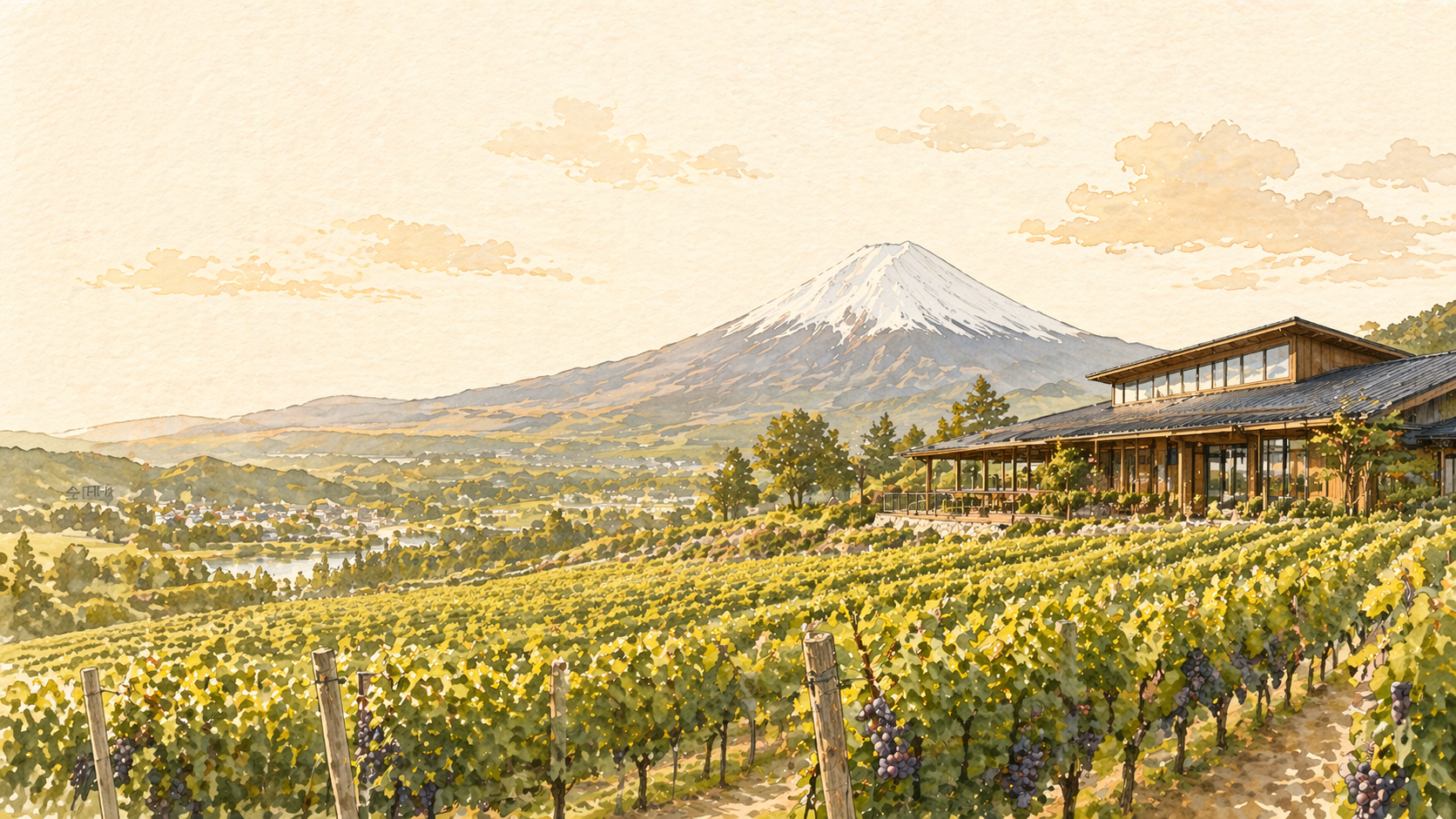 富士山とブドウ畑のワイナリー
